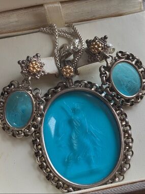 Tagliamonte Cameo Pendant Necklace & Earrings Set Sterling Silver & 14K